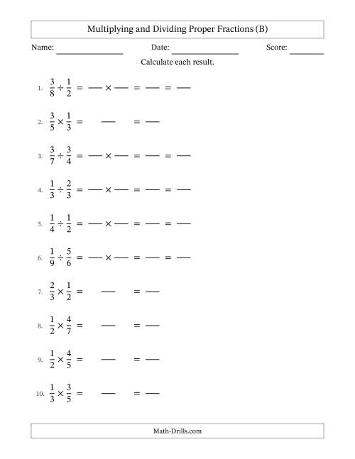 The Multiplying and Dividing Proper Fractions with All Simplifying (Fillable) (B) Math Worksheet