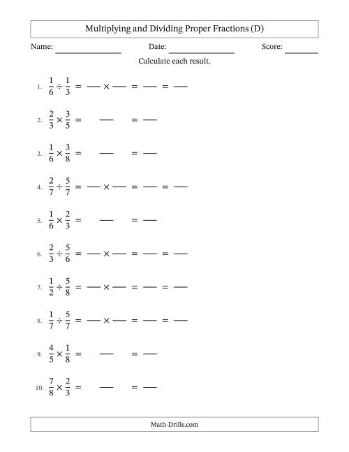 The Multiplying and Dividing Proper Fractions with All Simplifying (Fillable) (D) Math Worksheet