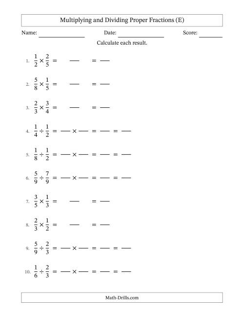 The Multiplying and Dividing Proper Fractions with All Simplifying (Fillable) (E) Math Worksheet
