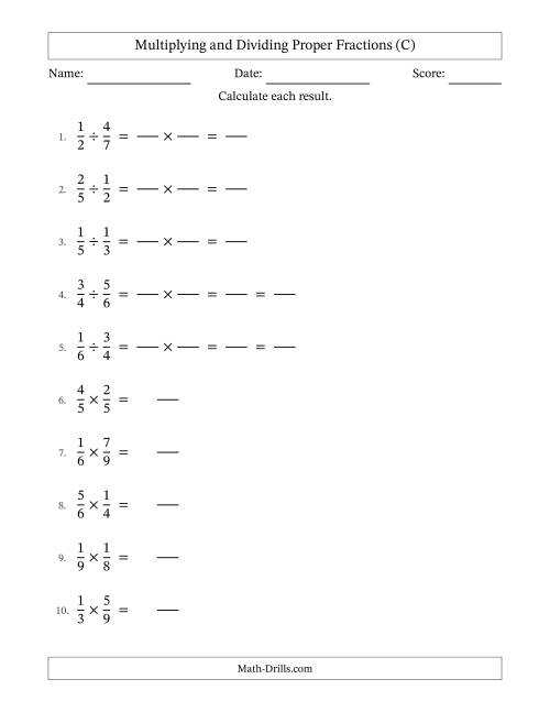 The Multiplying and Dividing Proper Fractions with Some Simplifying (Fillable) (C) Math Worksheet