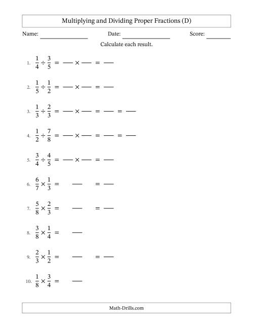The Multiplying and Dividing Proper Fractions with Some Simplifying (Fillable) (D) Math Worksheet