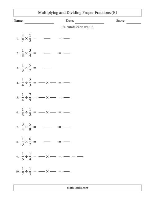 The Multiplying and Dividing Proper Fractions with Some Simplifying (Fillable) (E) Math Worksheet