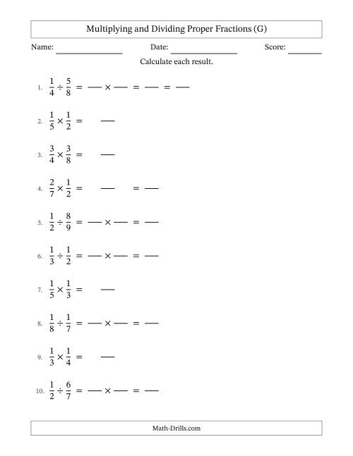 The Multiplying and Dividing Proper Fractions with Some Simplifying (Fillable) (G) Math Worksheet