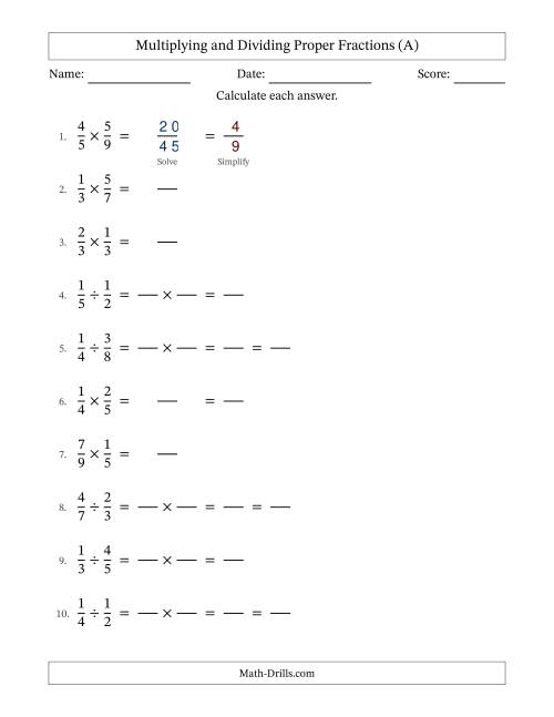 The Multiplying and Dividing Proper Fractions with Some Simplifying (Fillable) (All) Math Worksheet