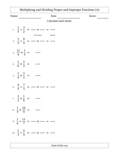 The Multiplying and Dividing Proper and Improper Fractions with No Simplifying (Fillable) (A) Math Worksheet