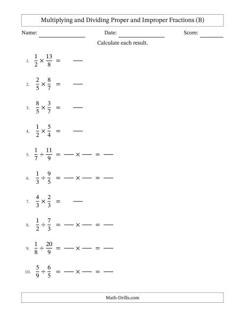 The Multiplying and Dividing Proper and Improper Fractions with No Simplifying (Fillable) (B) Math Worksheet