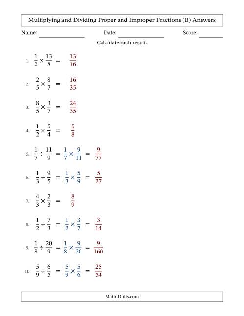 The Multiplying and Dividing Proper and Improper Fractions with No Simplifying (Fillable) (B) Math Worksheet Page 2