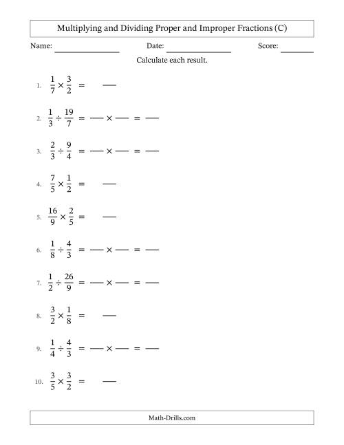 The Multiplying and Dividing Proper and Improper Fractions with No Simplifying (Fillable) (C) Math Worksheet