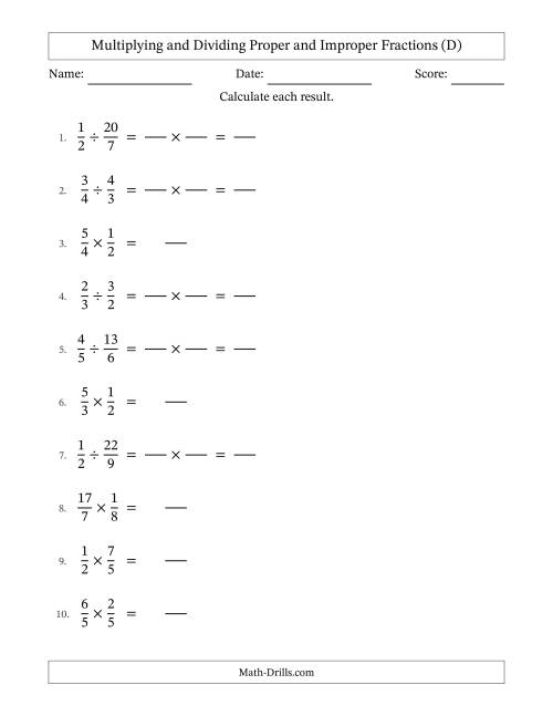 The Multiplying and Dividing Proper and Improper Fractions with No Simplifying (Fillable) (D) Math Worksheet