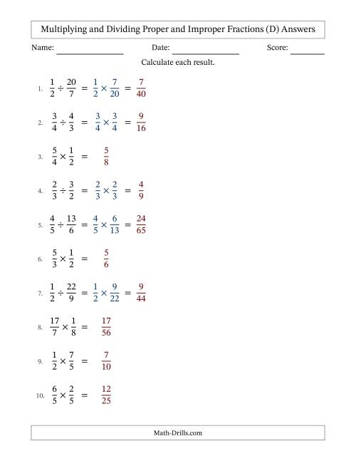 The Multiplying and Dividing Proper and Improper Fractions with No Simplifying (Fillable) (D) Math Worksheet Page 2