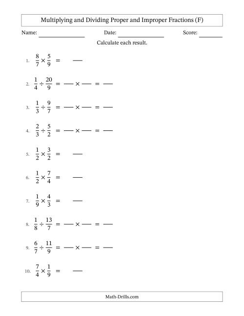 The Multiplying and Dividing Proper and Improper Fractions with No Simplifying (Fillable) (F) Math Worksheet