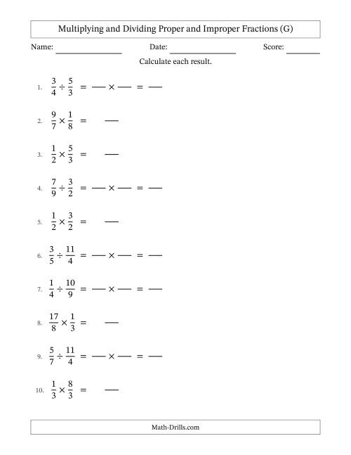 The Multiplying and Dividing Proper and Improper Fractions with No Simplifying (Fillable) (G) Math Worksheet