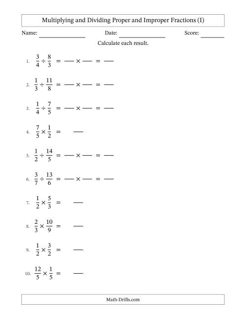 The Multiplying and Dividing Proper and Improper Fractions with No Simplifying (Fillable) (I) Math Worksheet