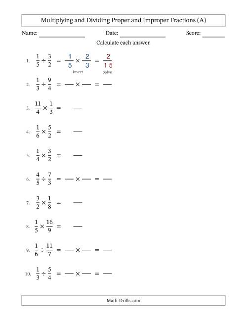 The Multiplying and Dividing Proper and Improper Fractions with No Simplifying (Fillable) (All) Math Worksheet