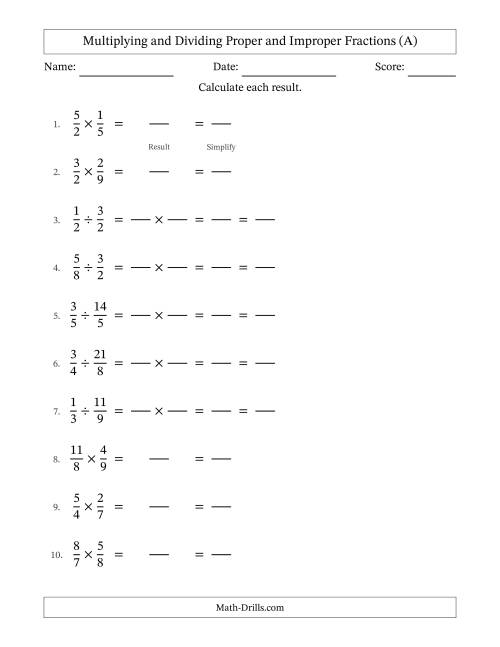 The Multiplying and Dividing Proper and Improper Fractions with All Simplifying (Fillable) (A) Math Worksheet