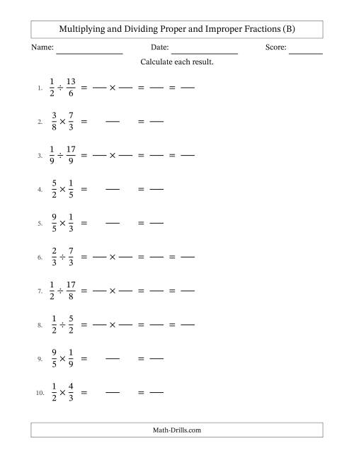 The Multiplying and Dividing Proper and Improper Fractions with All Simplifying (Fillable) (B) Math Worksheet