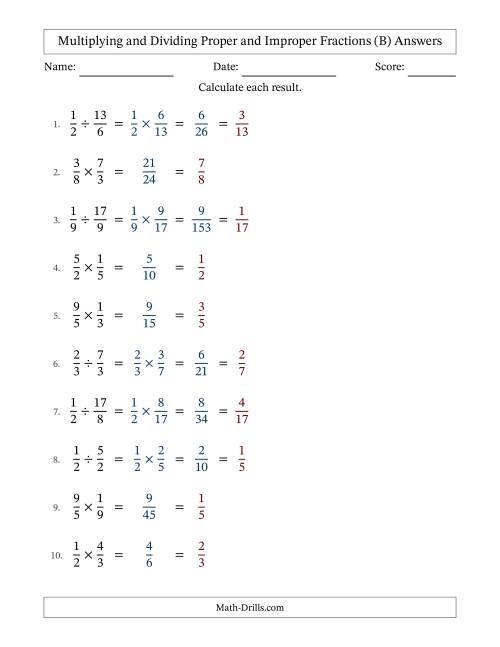 The Multiplying and Dividing Proper and Improper Fractions with All Simplifying (Fillable) (B) Math Worksheet Page 2