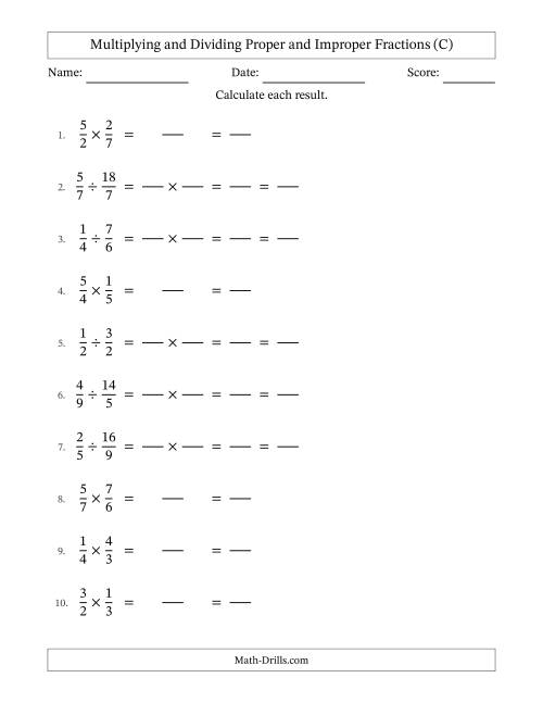 The Multiplying and Dividing Proper and Improper Fractions with All Simplifying (Fillable) (C) Math Worksheet