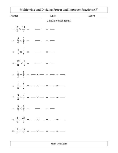 The Multiplying and Dividing Proper and Improper Fractions with All Simplifying (Fillable) (F) Math Worksheet