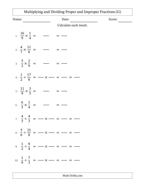 The Multiplying and Dividing Proper and Improper Fractions with All Simplifying (Fillable) (G) Math Worksheet