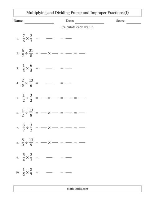 The Multiplying and Dividing Proper and Improper Fractions with All Simplifying (Fillable) (I) Math Worksheet