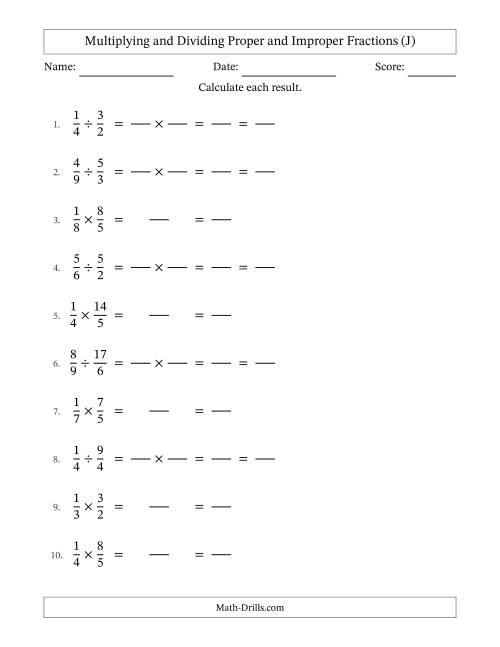 The Multiplying and Dividing Proper and Improper Fractions with All Simplifying (Fillable) (J) Math Worksheet