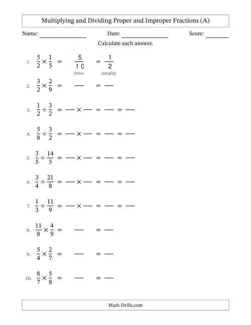 The Multiplying and Dividing Proper and Improper Fractions with All Simplifying (Fillable) (All) Math Worksheet