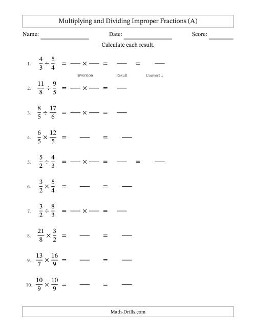 The Multiplying and Dividing Two Improper Fractions with No Simplifying (Fillable) (A) Math Worksheet