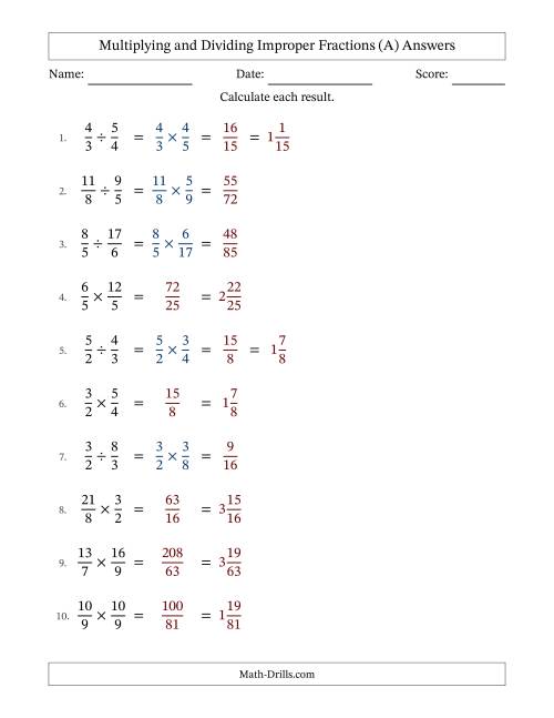 The Multiplying and Dividing Two Improper Fractions with No Simplifying (Fillable) (A) Math Worksheet Page 2
