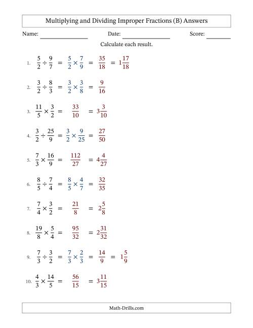 The Multiplying and Dividing Two Improper Fractions with No Simplifying (Fillable) (B) Math Worksheet Page 2