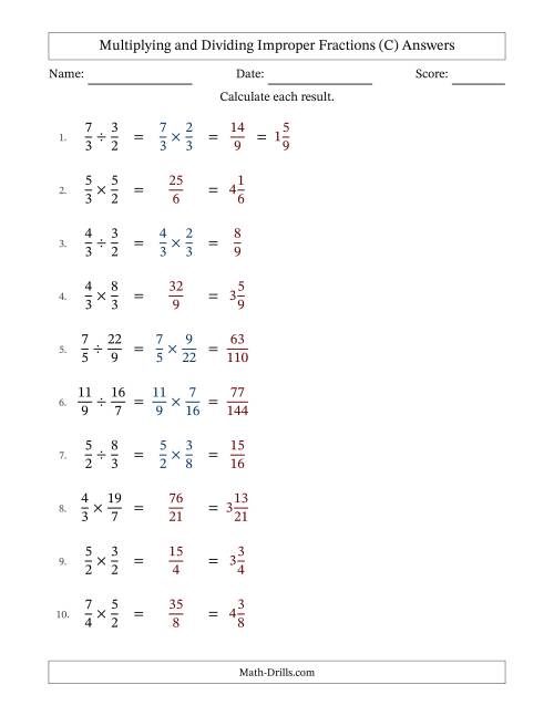 The Multiplying and Dividing Two Improper Fractions with No Simplifying (Fillable) (C) Math Worksheet Page 2