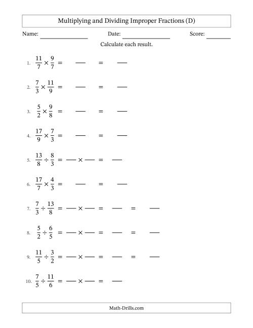 The Multiplying and Dividing Two Improper Fractions with No Simplifying (Fillable) (D) Math Worksheet