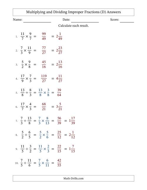 The Multiplying and Dividing Two Improper Fractions with No Simplifying (Fillable) (D) Math Worksheet Page 2