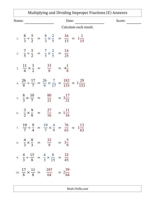 The Multiplying and Dividing Two Improper Fractions with No Simplifying (Fillable) (E) Math Worksheet Page 2