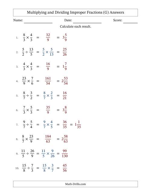The Multiplying and Dividing Two Improper Fractions with No Simplifying (Fillable) (G) Math Worksheet Page 2