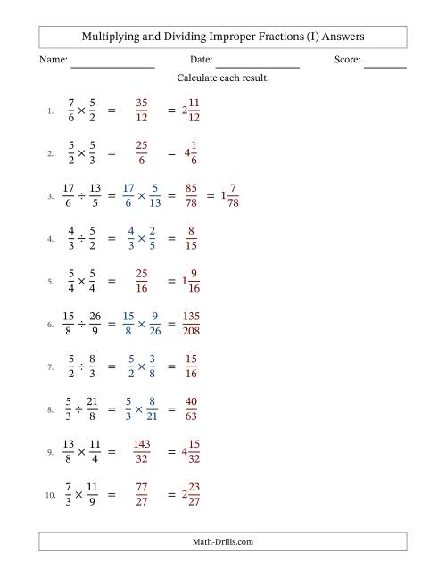 The Multiplying and Dividing Two Improper Fractions with No Simplifying (Fillable) (I) Math Worksheet Page 2
