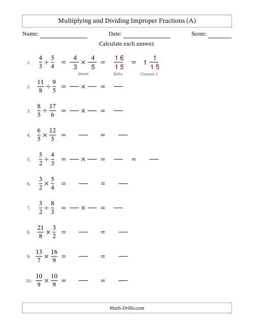 The Multiplying and Dividing Two Improper Fractions with No Simplifying (Fillable) (All) Math Worksheet