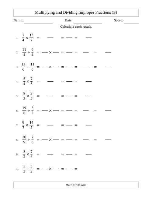 The Multiplying and Dividing Two Improper Fractions with All Simplifying (Fillable) (B) Math Worksheet