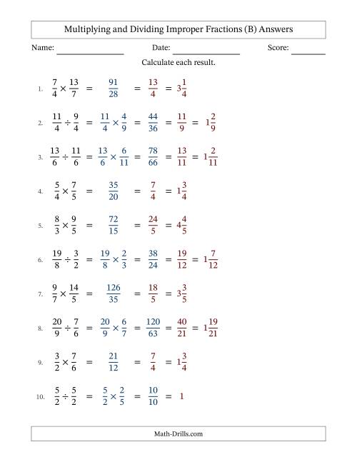 The Multiplying and Dividing Two Improper Fractions with All Simplifying (Fillable) (B) Math Worksheet Page 2