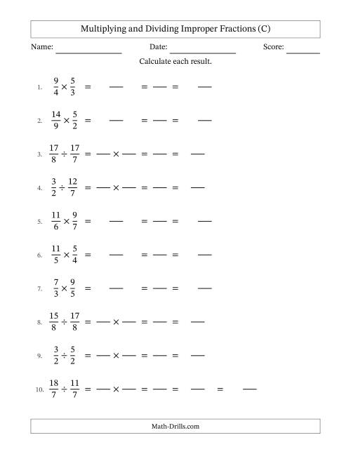 The Multiplying and Dividing Two Improper Fractions with All Simplifying (Fillable) (C) Math Worksheet