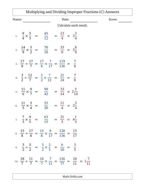 The Multiplying and Dividing Two Improper Fractions with All Simplifying (Fillable) (C) Math Worksheet Page 2