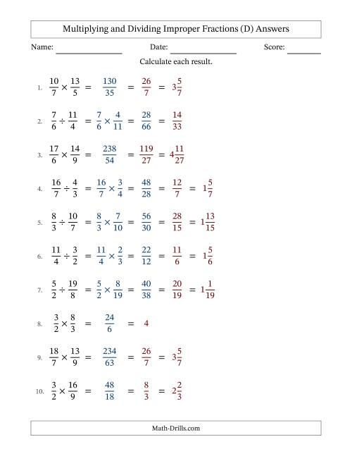 The Multiplying and Dividing Two Improper Fractions with All Simplifying (Fillable) (D) Math Worksheet Page 2