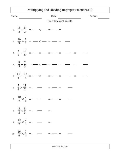 The Multiplying and Dividing Two Improper Fractions with All Simplifying (Fillable) (E) Math Worksheet