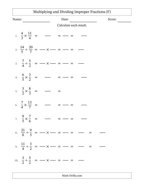 The Multiplying and Dividing Two Improper Fractions with All Simplifying (Fillable) (F) Math Worksheet