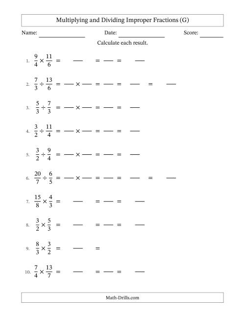 The Multiplying and Dividing Two Improper Fractions with All Simplifying (Fillable) (G) Math Worksheet