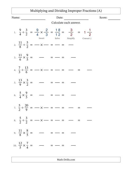The Multiplying and Dividing Two Improper Fractions with All Simplifying (Fillable) (All) Math Worksheet