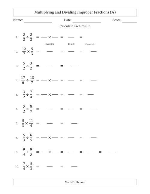 The Multiplying and Dividing Two Improper Fractions with Some Simplifying (Fillable) (A) Math Worksheet