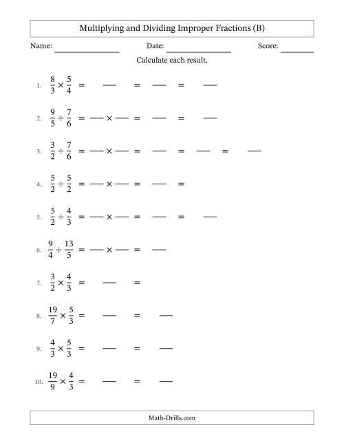 The Multiplying and Dividing Two Improper Fractions with Some Simplifying (Fillable) (B) Math Worksheet