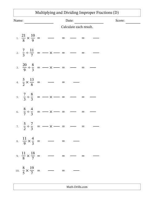 The Multiplying and Dividing Two Improper Fractions with Some Simplifying (Fillable) (D) Math Worksheet