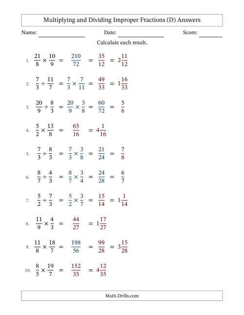 The Multiplying and Dividing Two Improper Fractions with Some Simplifying (Fillable) (D) Math Worksheet Page 2